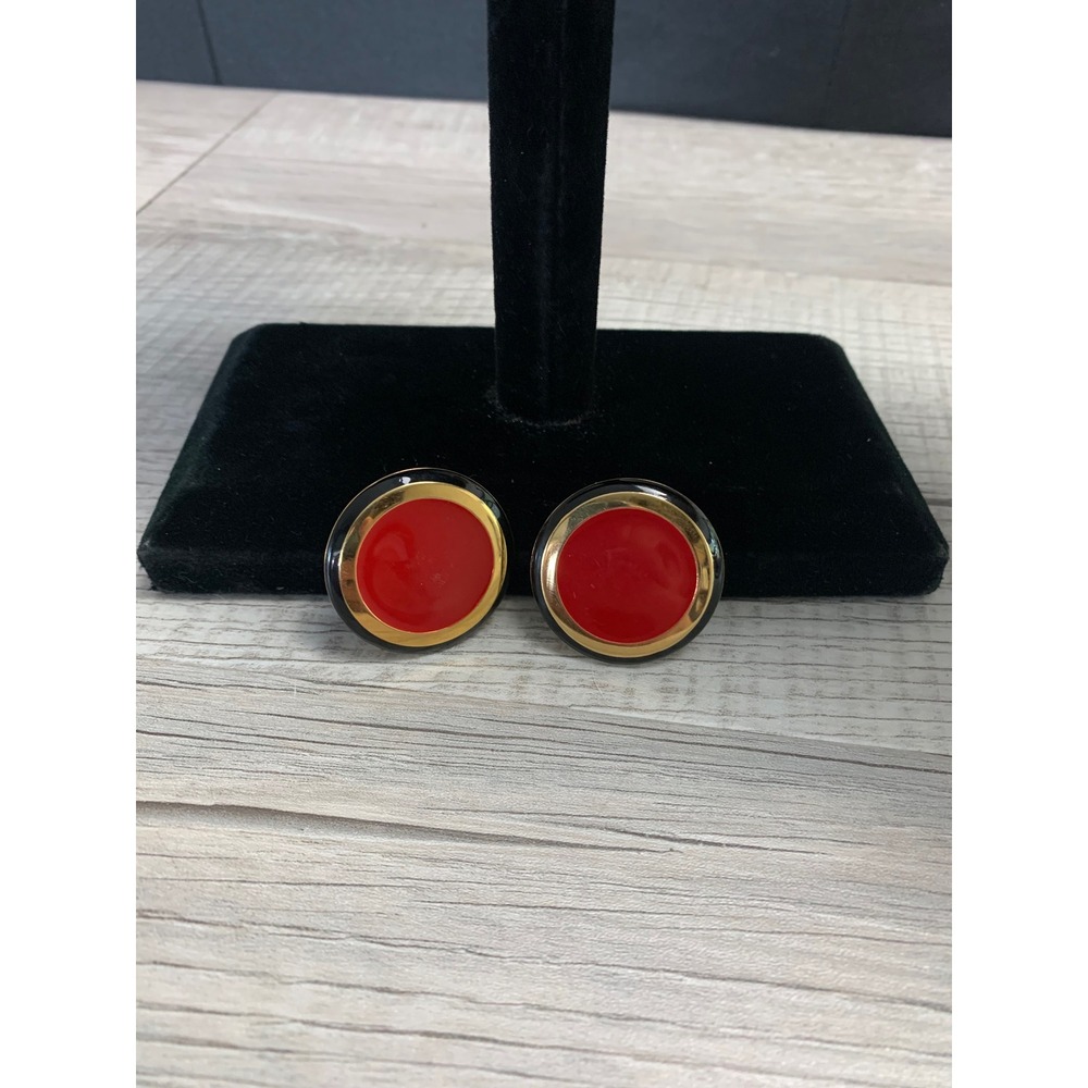 Vintage Red Black Gold Enamel Button Stud Earrings Oversized Retro Statement